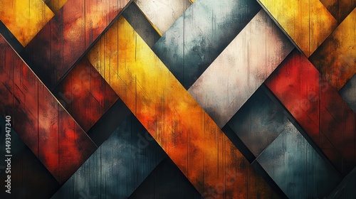 Abstract design with intersecting, textured rectangles in vibrant colors