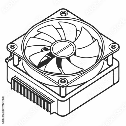 Computer cpu cooler fan isometric line art