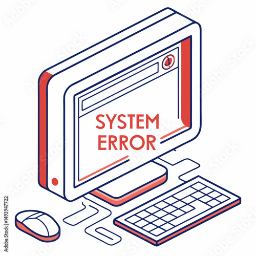 Isometric desktop computer system error illustration