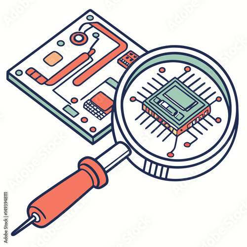 Magnifying glass examining microchip circuit board design