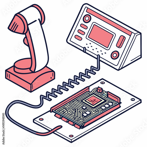 Retro tech circuit board scanner device illustration