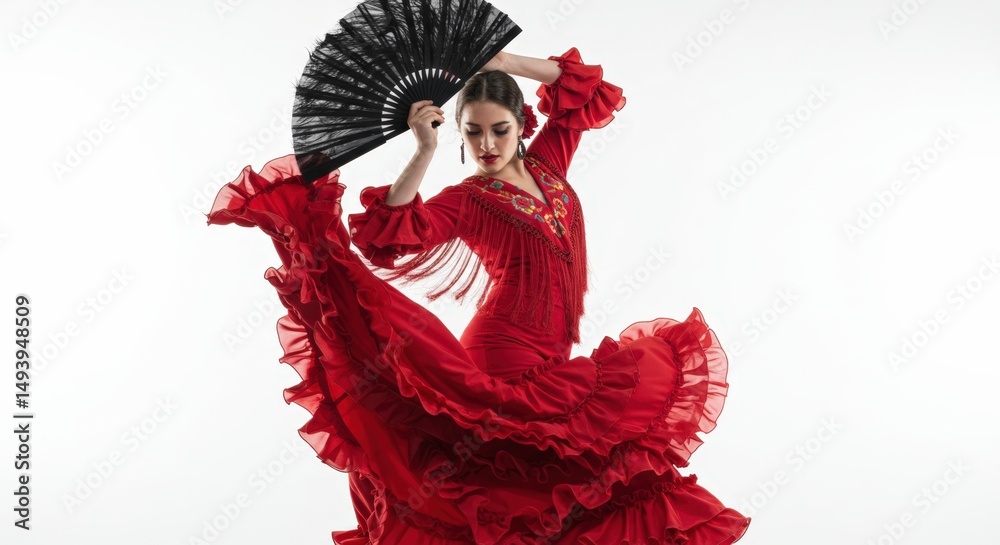 Fototapeta premium Flamenco dancer in red dress with fan performing traditional spanish dance on a white background