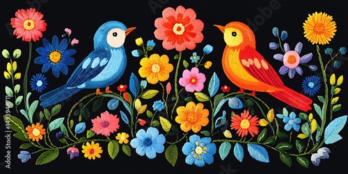 Colorful Birds Floral Embroidery.