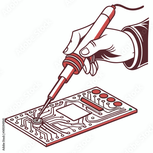 Professional hand soldering circuit board illustration, transparent background