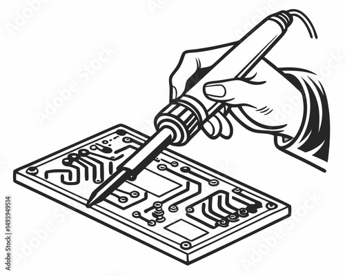 Professional hand soldering circuit board illustration, transparent background