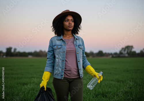 Woman in hat and denim jacket holds trash bag and bottle in field at dusk. Volunteer wearing yellow gloves cleaning environment from pollution photo