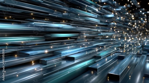 Futuristic Abstract Illustration of Metallic Strips and Glowing Lights in Motion