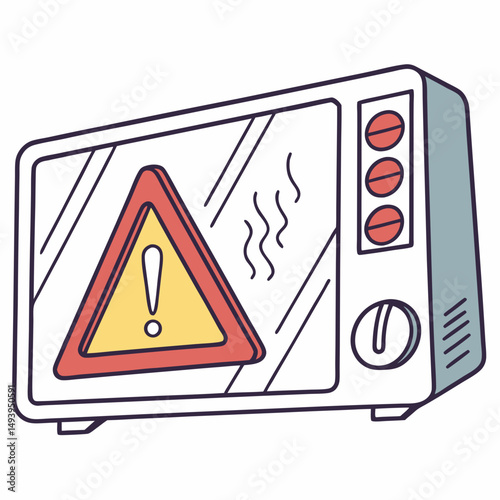 Microwave oven with warning sign, isolated, transparent background