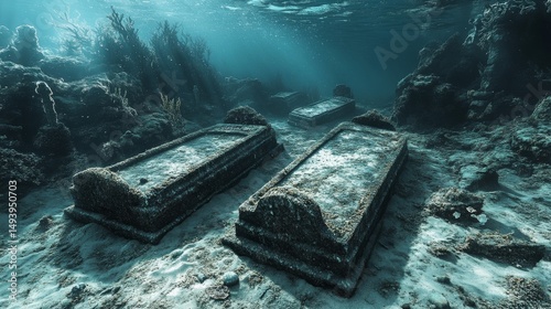 Sun-drenched underwater ancient stone tombs. photo