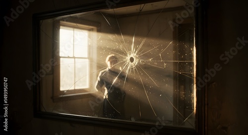 Person Reflected in a Broken Mirror with a Hole Near a Window