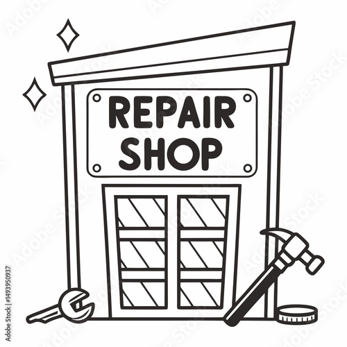 Cartoon repair shop building illustration tools wrench hammer