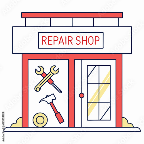 Repair shop building exterior cartoon illustration