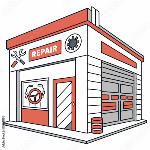 Auto repair shop building exterior cartoon illustration