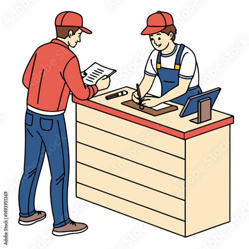 Professional man signing document at counter with transparent background