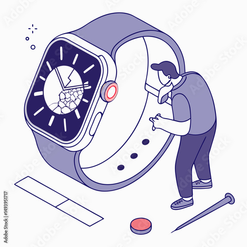 Smartwatch repair cracked screen isometric illustration
