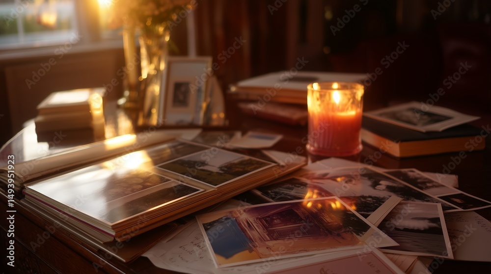 Memories captured in photos and warm candlelight on a wooden table during sunset hours Memories captured in photos and warm candlelight on a wooden table during sunset hours