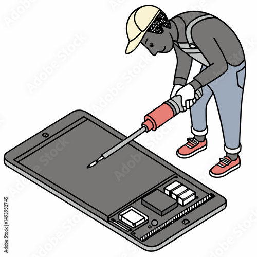 Technician repairing smartphone internal components