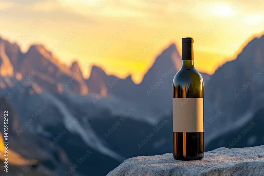Wine bottle mockup in scenic Trentino landscape at sunset, Italy perfect for travel and beverage marketing Wine bottle mockup in scenic Trentino landscape at sunset, Italy perfect for travel and beverage marketing