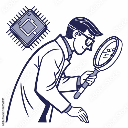 Scientist examining microchip with magnifying glass