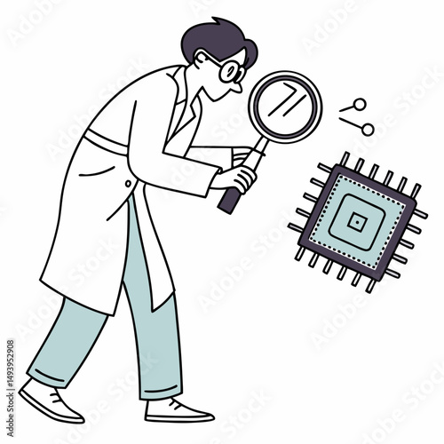 Scientist examining microchip with magnifying glass