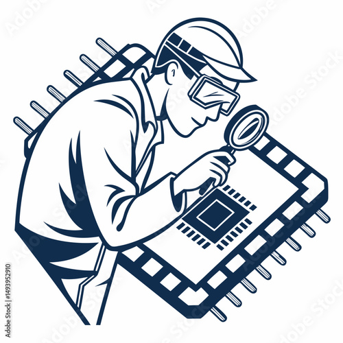 Technician inspecting microchip with magnifying glass