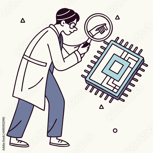 Scientist examining microchip with magnifying glass, clean cutout