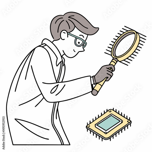 Scientist inspecting microchip with magnifying glass, transparent background