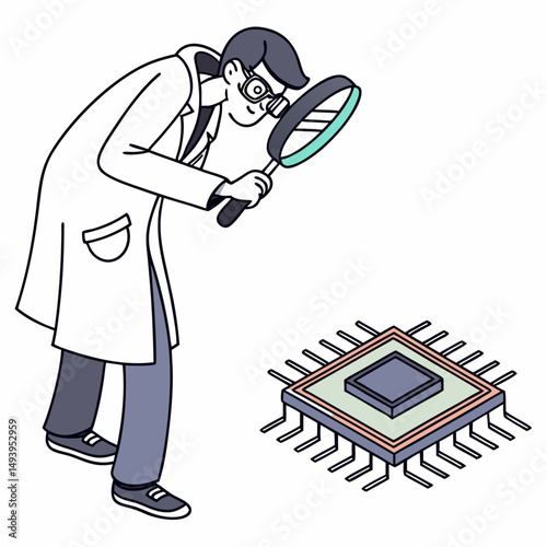 Scientist inspecting microchip with magnifying glass on white background