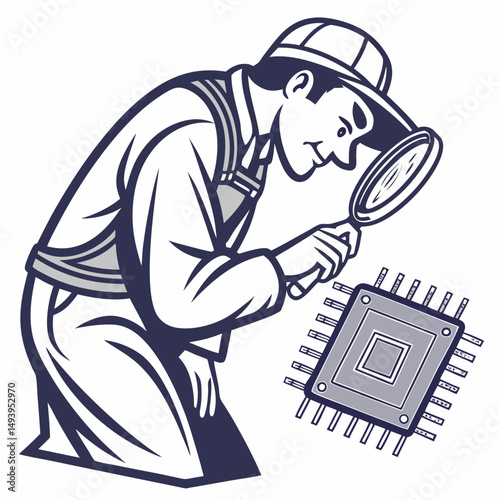 Technician inspecting microchip with magnifying glass