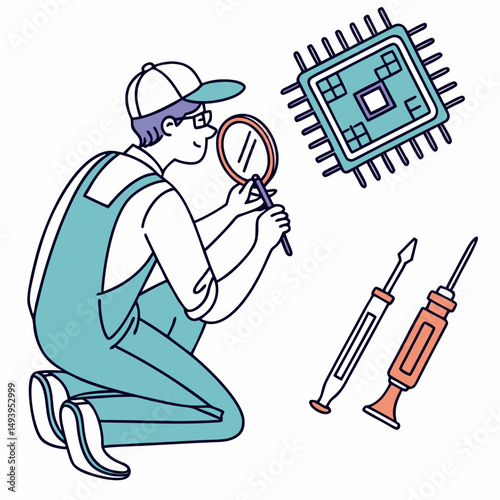 Technician inspecting microchip with magnifying glass on white background