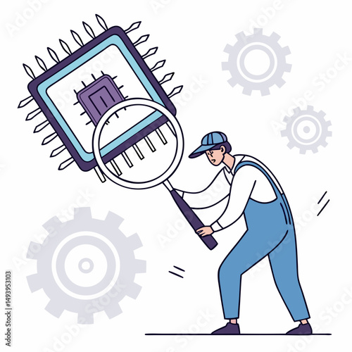 Technician examining microchip with magnifying glass