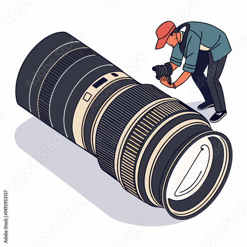 Photographer examining giant camera lens isometric illustration