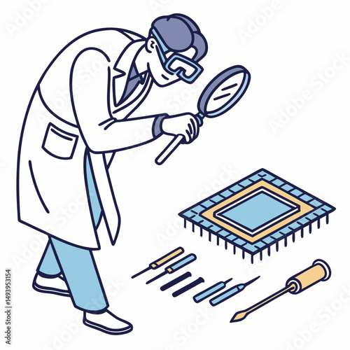 Scientist examining microchip with magnifying glass