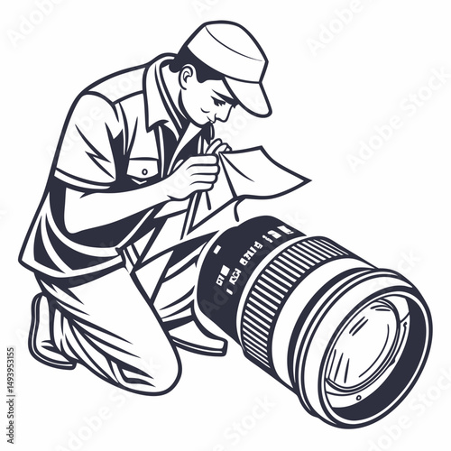 Technician cleaning camera lens repair service