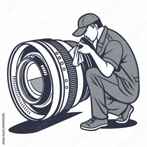 Technician cleaning large camera lens carefully