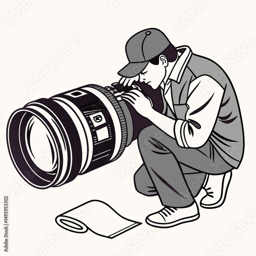Technician inspecting large camera lens equipment repair