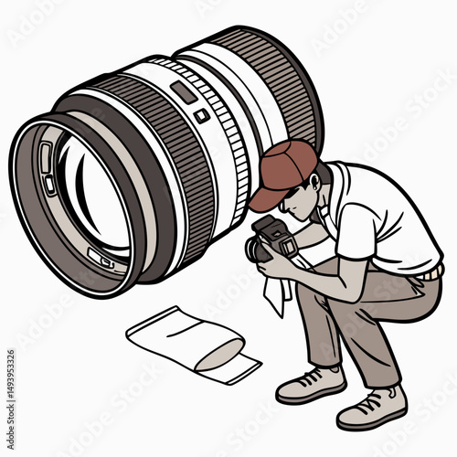 Photographer cleaning camera lens with cloth