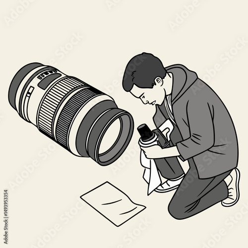 Photographer cleaning camera lens equipment maintenance