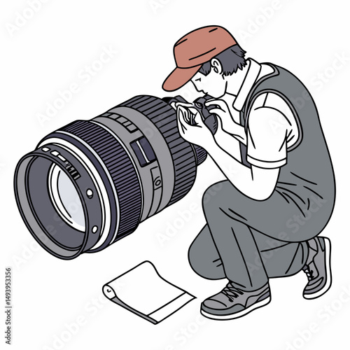 Technician inspecting large camera lens repairing