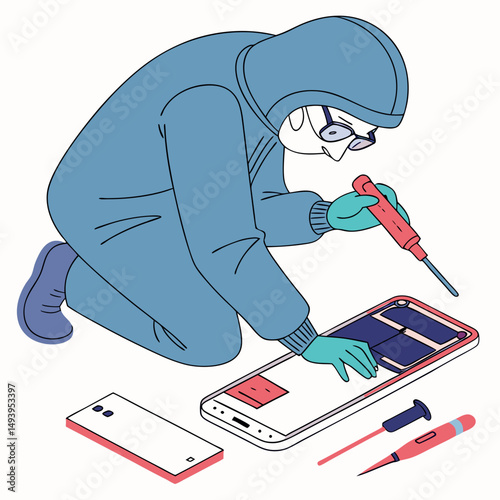 Professional phone repair technician illustration transparent background