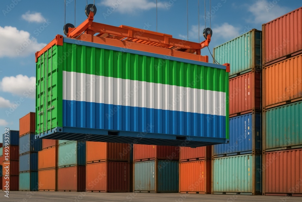 Fototapeta premium Freight container with Sierra Leone national flag colors, representing African trade, shipping logistics, and economic cooperation. 