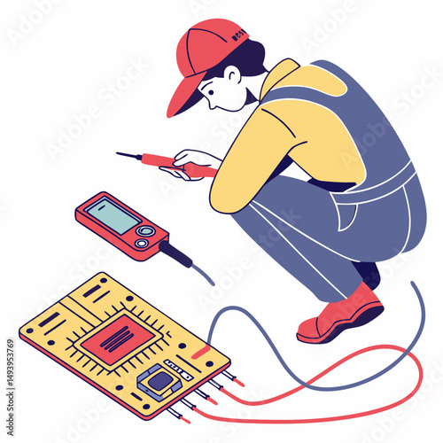 Technician repairing circuit board, clean cutout, transparent background