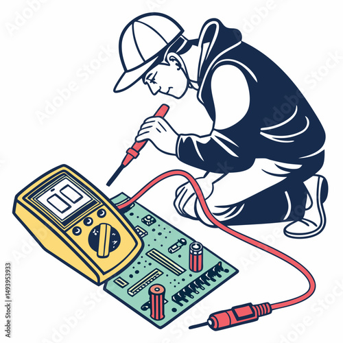 Technician repairing circuit board with multimeter on white background