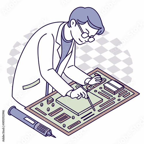 Technician working on circuit board repairing electronics