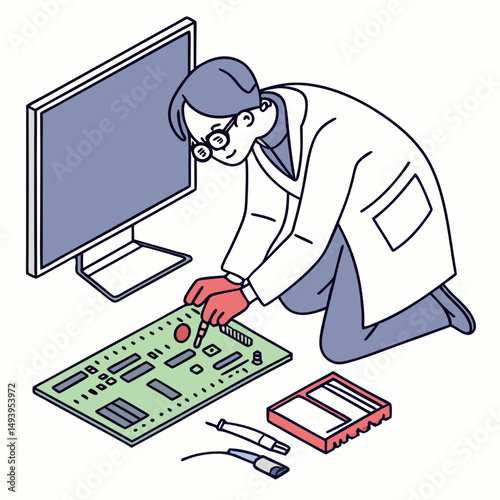 Technician repairing computer motherboard near monitor