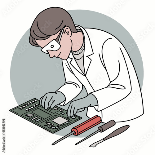 Professional technician repairing circuit board isolated on white