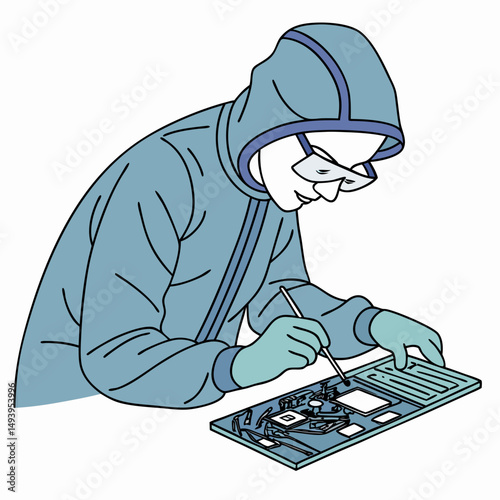Technician in cleanroom repairing circuit board