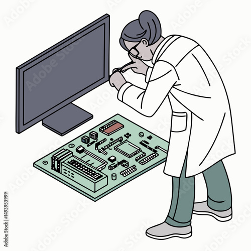 Technician repairing computer motherboard near monitor