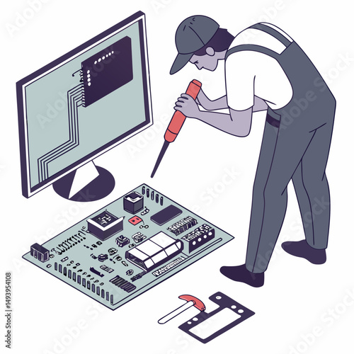 Technician repairing computer motherboard circuit board