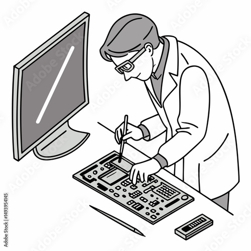 Technician working on circuit board computer repair